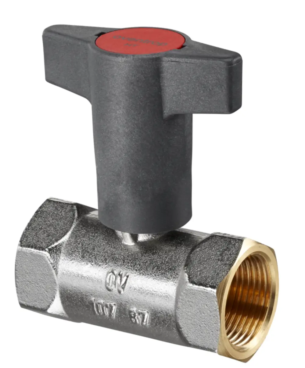 Kugelhahn mit verlängertem Knebelgriff und Innengewinde. Messing, vernickelt. Oventrop-Produkt zur Regelung von Flüssigkeiten in Rohrsystemen.